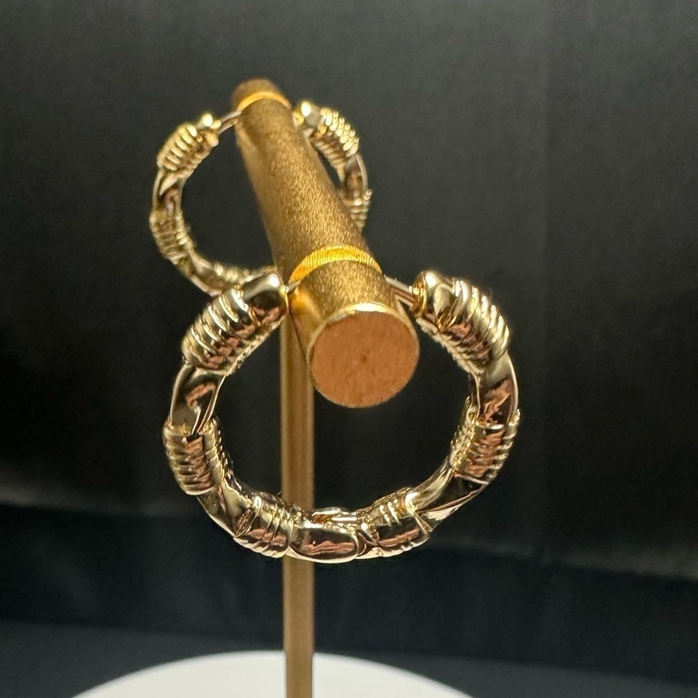 Gold Hoop Earrings – Lightweight Chunky Bamboo Style | Hypoallergenic Brass - Picture 3 of 11